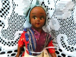 7'' BLACK COMP0/ BISQUE SIDE GLANCING MAMMY DOLL,  RED DOT DRESS